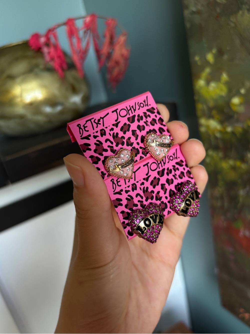Betsey Johnson Pink Heart Stud Earring Set - Pink Rhinestone Love Hearts